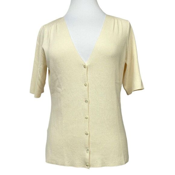 Ann Taylor Pale Yellow Silk Blend V-Neck Button Front Top Half Sleeve Sz M - Picture 1 of 6